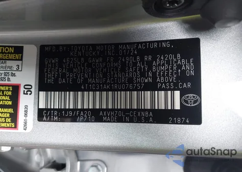 2024 Toyota Camry Hybrid Le из США, поврежденный, VIN 4T1C31AK1RU076757